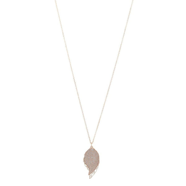 Rose Gold Glitter And Cut Out Leaf Pendant Necklace