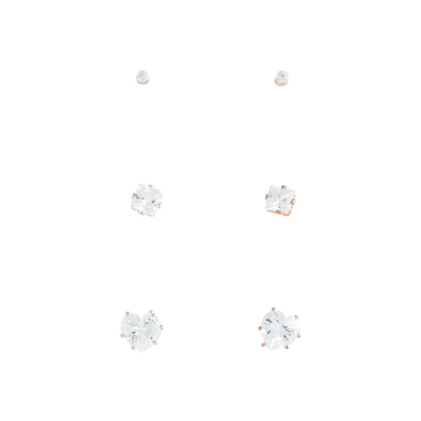 Rose Gold Assorted Cubic Zirconia Stud Earring 3 Pack