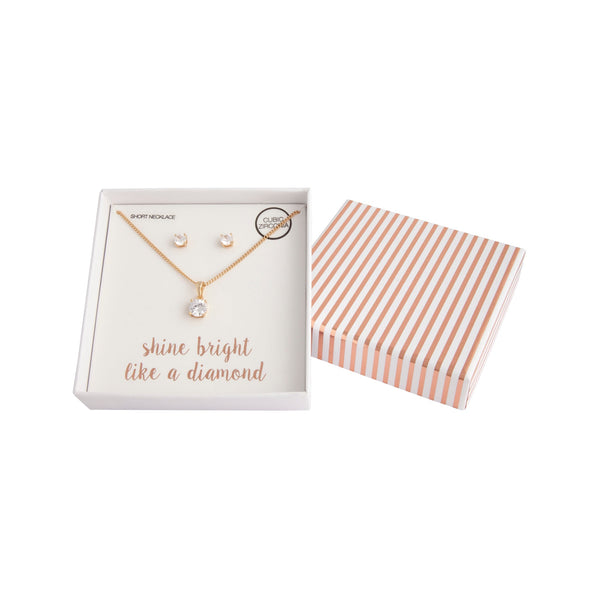 Gold Cubic Zirconia Classic Necklace Earrings Set