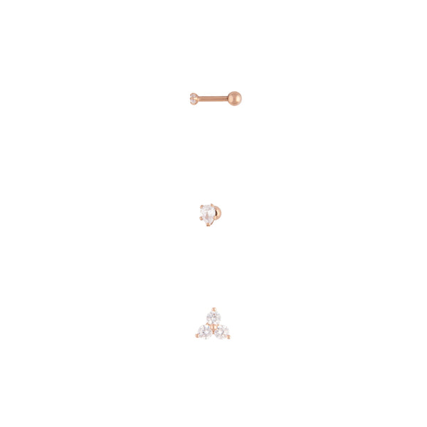 Rose Gold Surgical Steel Trio Diamante Cartilage Piercing