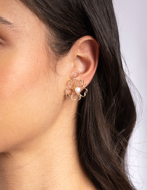 Gold Pearl Wired Flower Stud Earrings