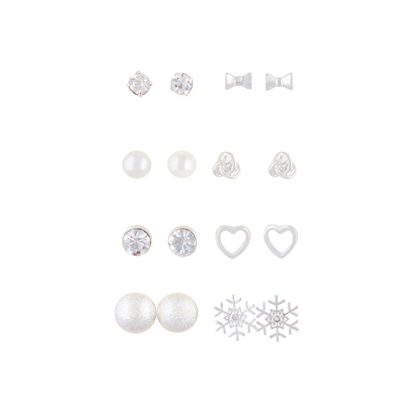 Rhodium Heart Snowflake 8 Pack Stud Earring