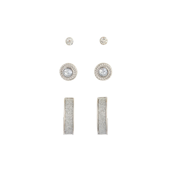 Rhodium Diamante Glitter Hoop Earring 3 Pack