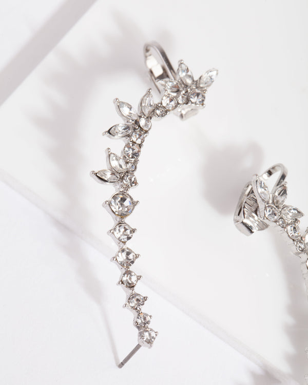 Rhodium Double Diamante Cuff Earrings