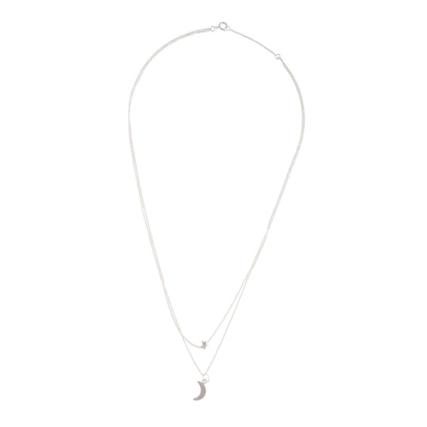 Sterling Silver Double Drop Star Moon Pendant Necklace