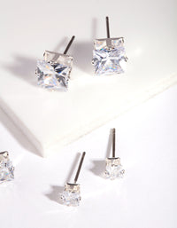 Silver Square Cut Diamante Stud Earring 3 Pack - link has visual effect only