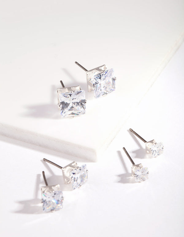 Silver Square Cut Diamante Stud Earring 3 Pack