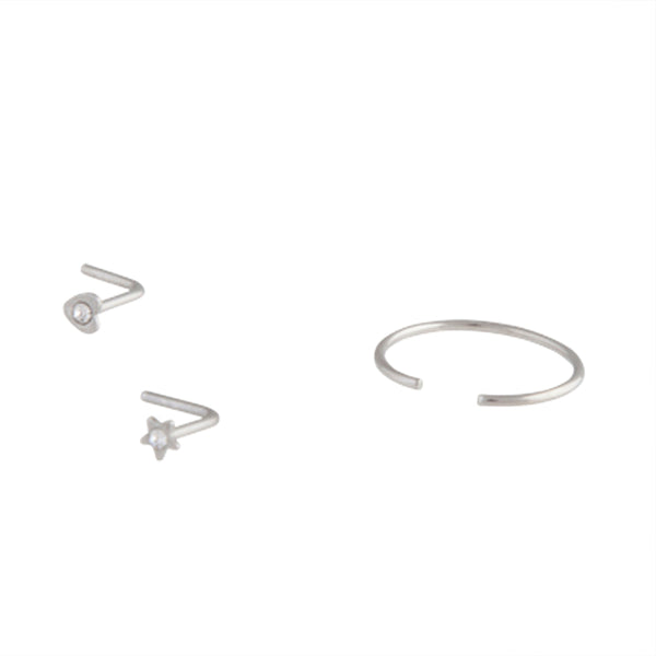 Silver Star Heart Nose Ring 3 Pack