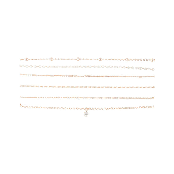 Rose Gold Diamante Pearl Station Choker 6 Pack
