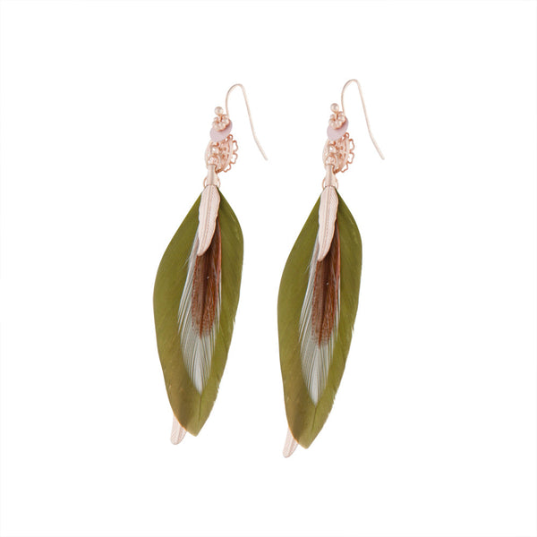 Rose Gold and Green Multi Feather Earrings