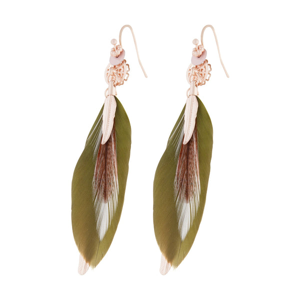 Rose Gold and Green Multi Feather Earrings