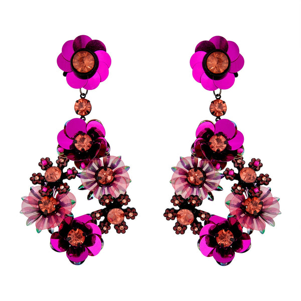 Purple Gunmetal Sequin Flower Statement Earrings