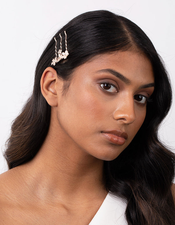 Rose Gold Cat Eye Flower Clip Set