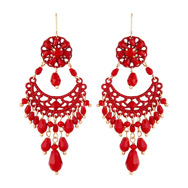 Red Beaded Chandelier Drop Earrings