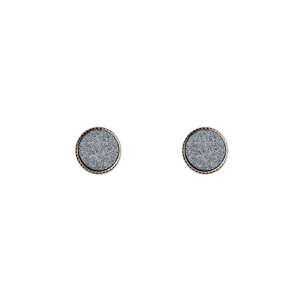 Round Rhodium Blue Glitter Earrings
