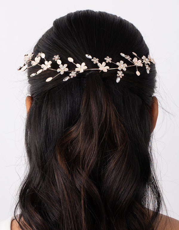 Rose Gold Diamante Flower Pearl Hair Vine