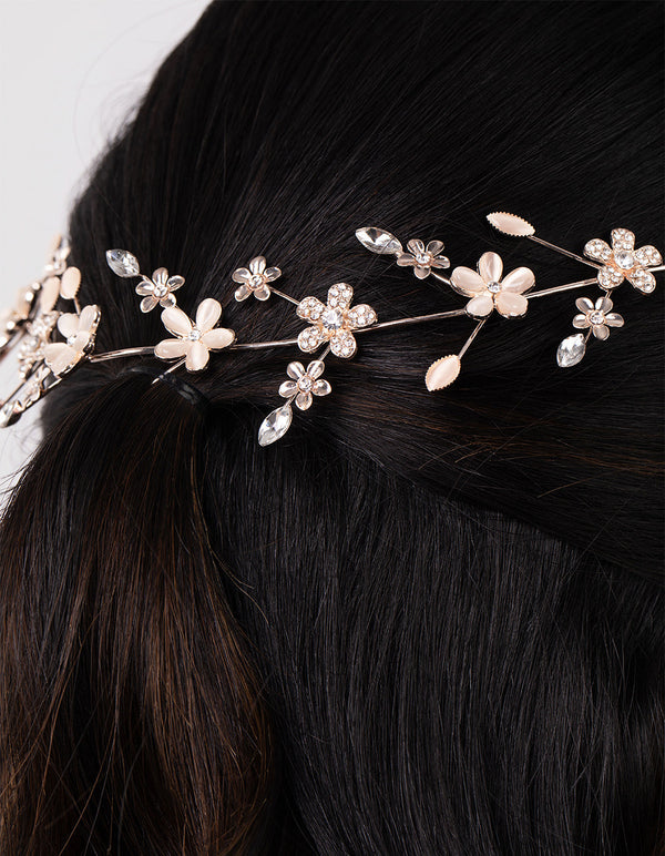 Rose Gold Diamante Flower Pearl Hair Vine