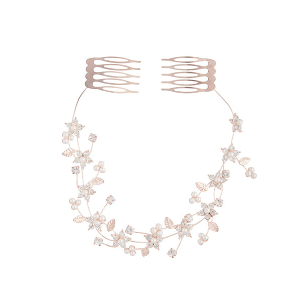 Rose Gold Diamante Flower Pearl Hair Vine