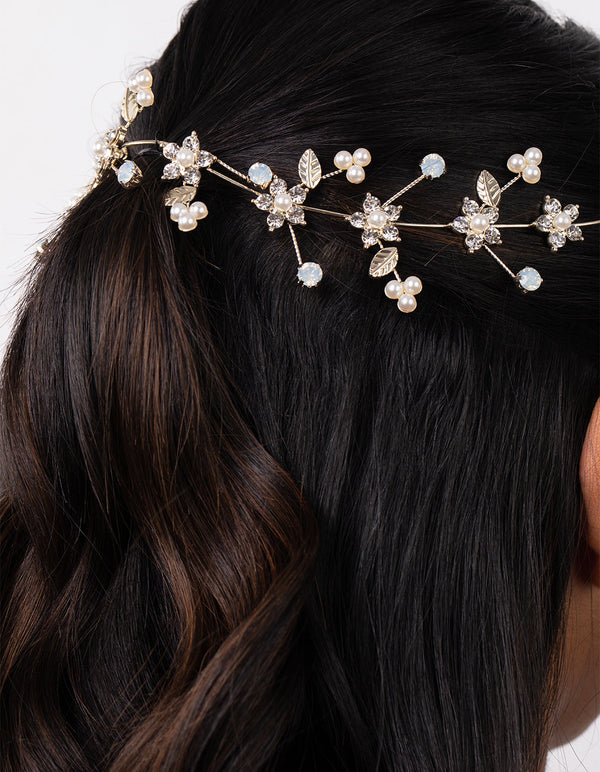 Gold Diamante Flower & Pearly Hair Vine