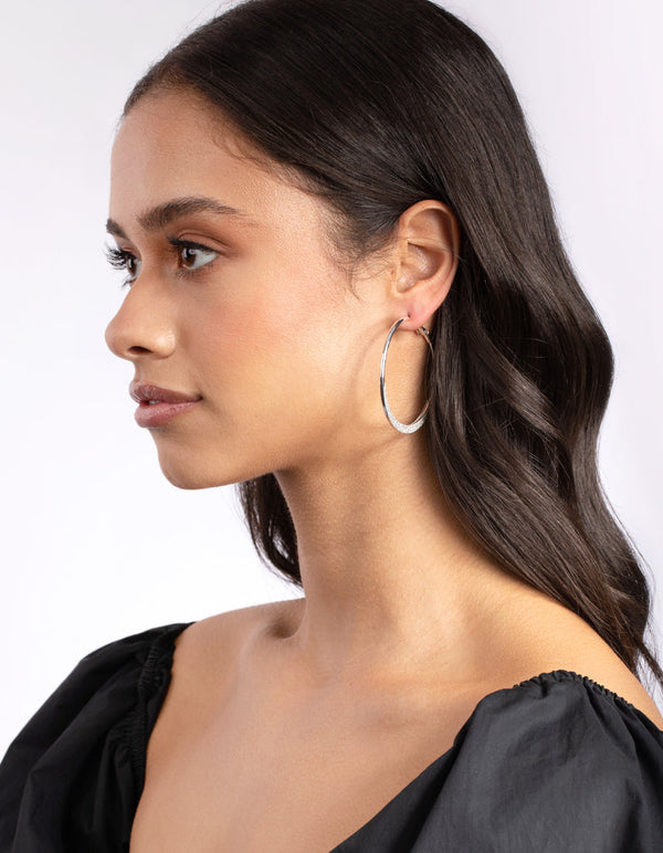 Silver Flat Edge Glitter Hoop Earrings