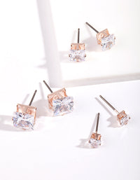 Rose Gold Graduated Princess Cut Diamante Stud Earring 3 Pack - link has visual effect only