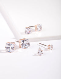Rose Gold Graduated Princess Cut Diamante Stud Earring 3 Pack - link has visual effect only