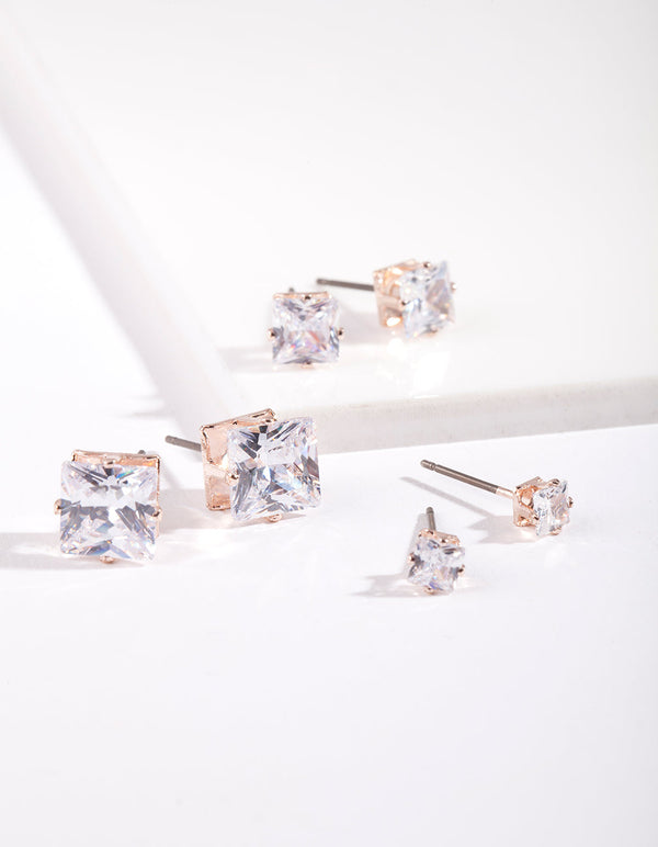 Rose Gold Graduated Princess Cut Diamante Stud Earring 3 Pack