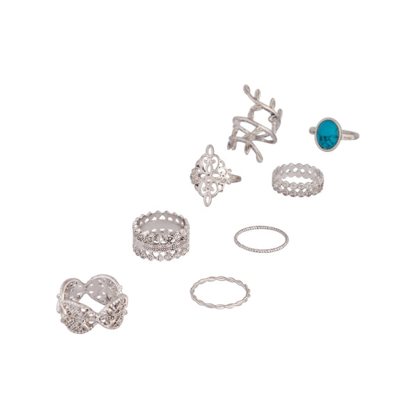 Antique Silver Ornate Leaf Blue Stone Ring 8 Pack
