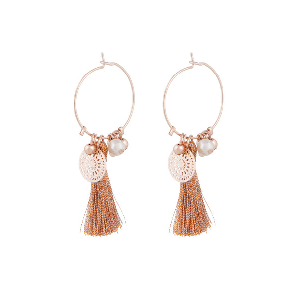 Rose Gold Fine Hoop Charm Tassel Earrings