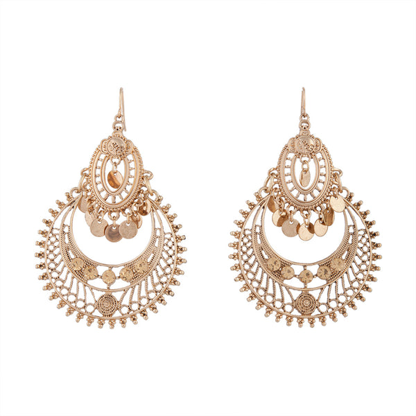Etched Antique Gold Disc Tassel Earrings