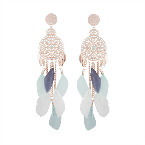 Mint White Rose Gold Filigree Cascade Feather Earrings