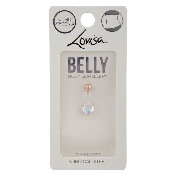 Rose Gold Belly Bar With Iridescent Cubic Zirconia