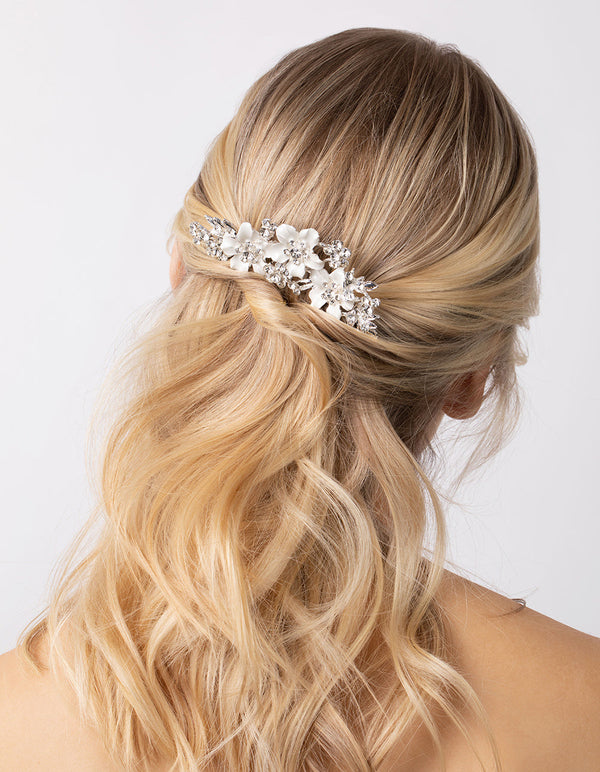 Silver Flower and Crystal Comb