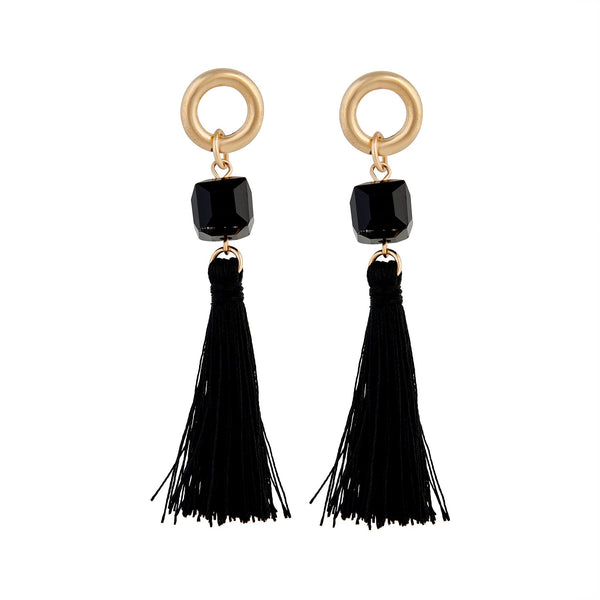 Gold Black Cube Bead Tassel Drop Earrings