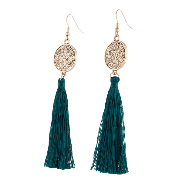 Green Antique Gold Etched Coin Tassel Earrings