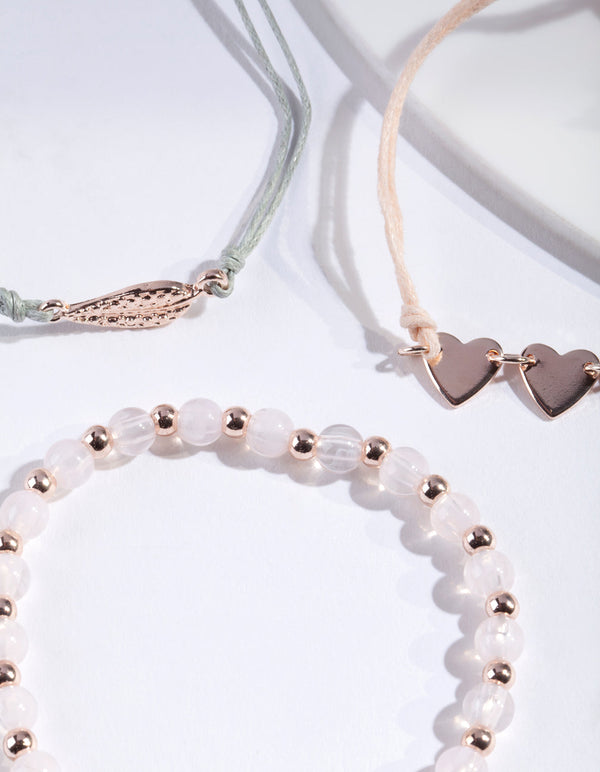 Rose Gold Leaf 3 Heart and Bead Bracelet 3 Pack