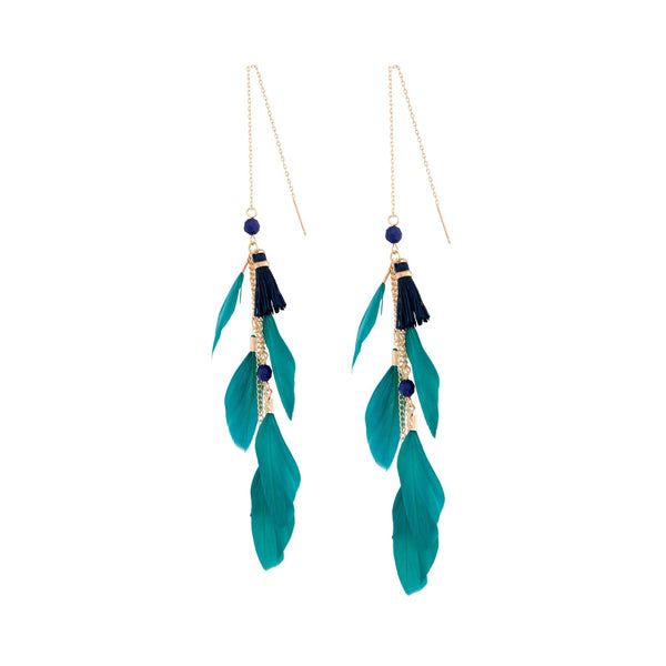 Blue Feather Tassel Thread Earrings