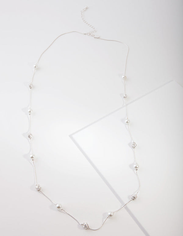 Silver Diamante And Pearl Bead Station Necklace