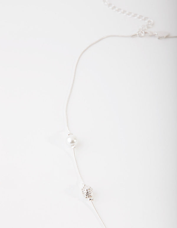 Silver Diamante And Pearl Bead Station Necklace