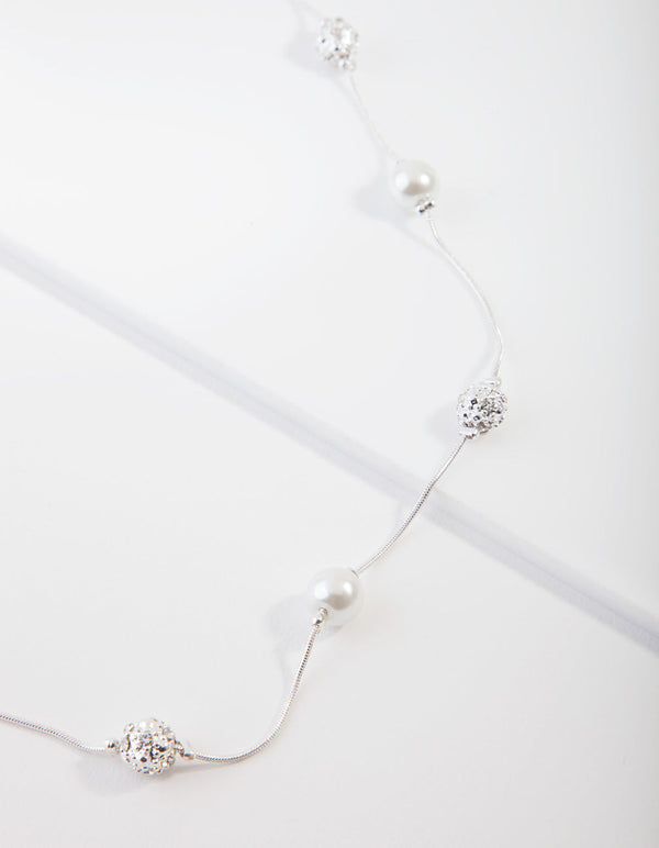 Silver Diamante And Pearl Bead Station Necklace