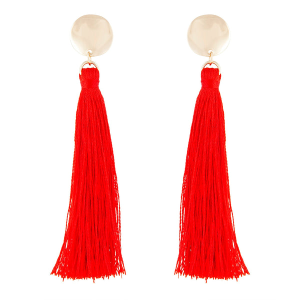 Red Gold Tassel Drop Disc Stud Earrings