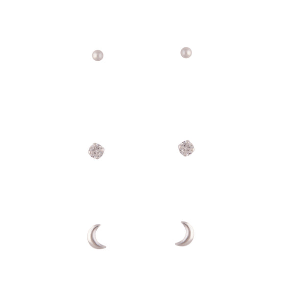 Sterling Silver Diamante Moon Earrings Trio