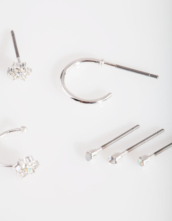 Silver Flower Stud Ear Stack