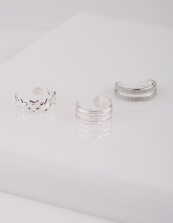 Silver Glitter Star Toe Ring 3 Pack