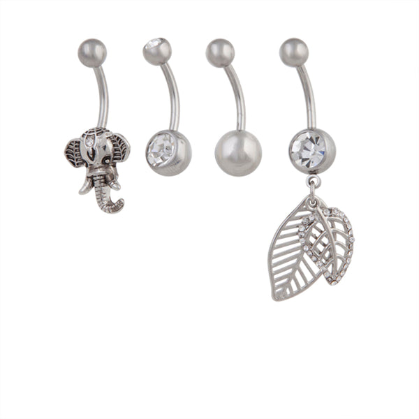 Rhodium Surgical Steel Leaf Elephant Belly Bar 4-Pack
