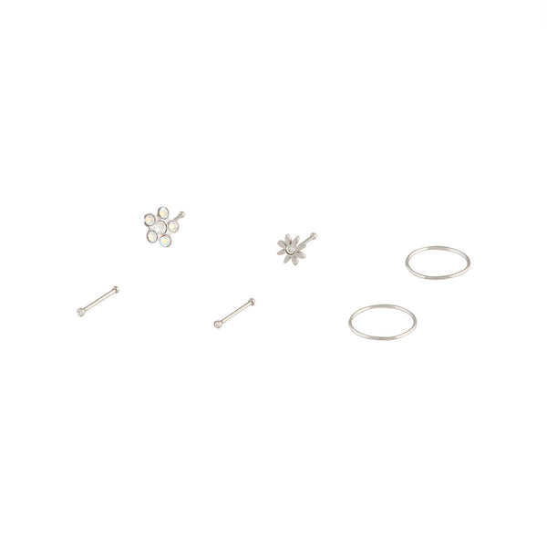 Surgical Steel Flower Silver Nose Stud 6 Pack