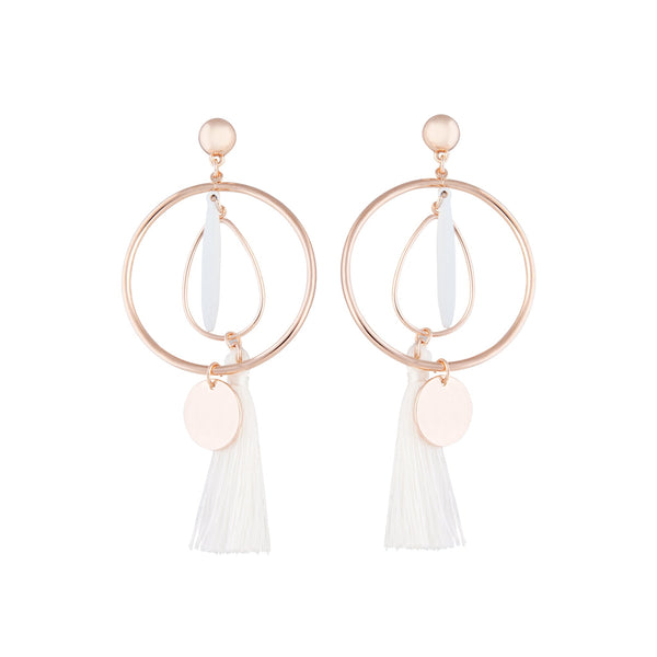 White Rose Gold Feature Hoop Tassel Earrings