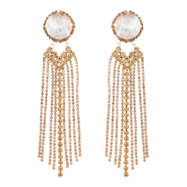 Large Glass Stone With Gold Diamante Tassels Earrings