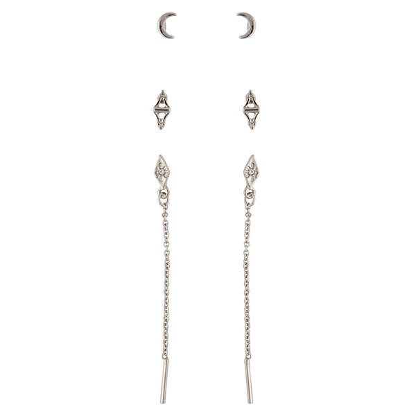 Silver Chain Drop Moon Earring Pack