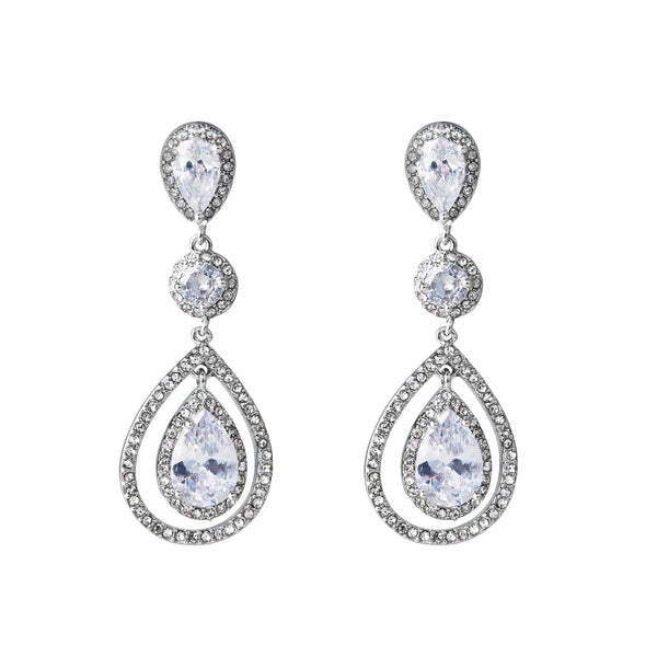 Rhodium Diamond Simulant Graduated Crystal Teardrop Earrings